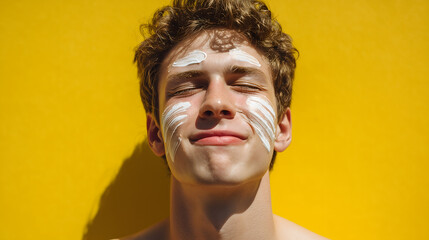 Young man with streaks of sunscreen on his face squinting and smiling under bright sunlight against a vibrant yellow wall.