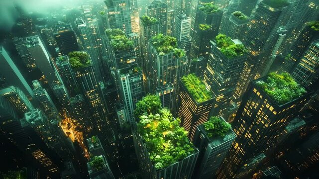 Aerial view of futuristic skyscrapers with lush rooftop gardens in a green urban landscape. This eco-city design blends nature and modern architecture for sustainable, environmentally conscious living