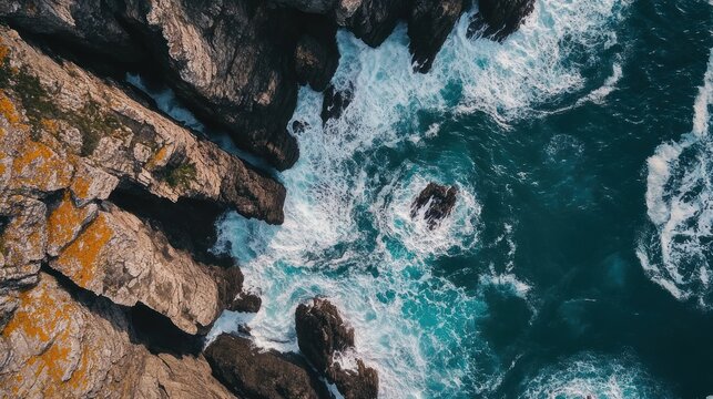 Top-down view of ocean waves crashing against rugged rocky coastline
