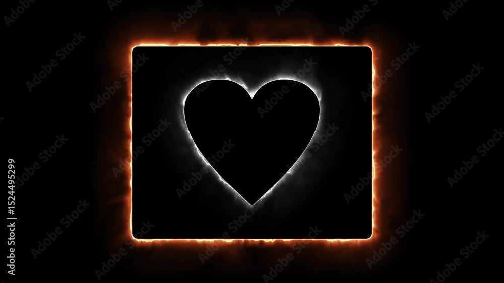 Poster an animation of neon orange vector square frame with white vector glowing valentine heart inside wit