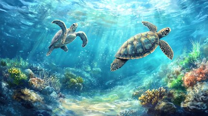 Fototapeta premium Underwater serenity: Two sea turtles gliding gracefully through the vibrant reef
