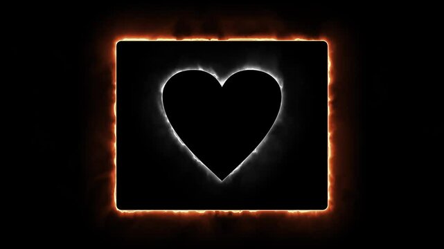An animation of neon orange vector square frame with white vector glowing valentine heart inside with smokey effects