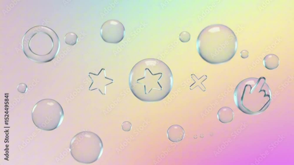 Poster colorful abstract bubbles with stars and hand cursor on gradient background