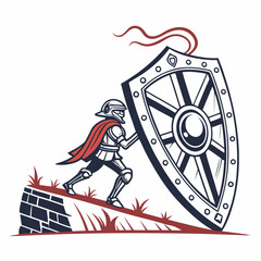 Brave knight pushing massive shield uphill