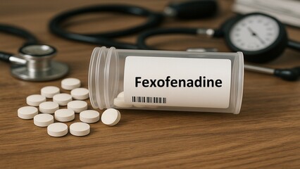 Fexofenadine plastic box of medication with tablets on a table