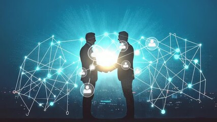 Business handshake with network overlay, symbolizes a partnership in the digital era - Powered by Adobe