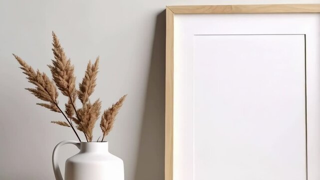 Minimalist home decor with wooden picture frame, pampas grass in white vase and green houseplant on a light surface against white wall