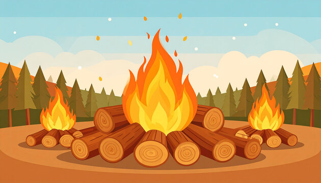 A vibrant campfire blazes brightly amidst a serene forest landscape under a clear sky, with smaller flames flanking the central fire, logs neatly arranged on a dirt ring