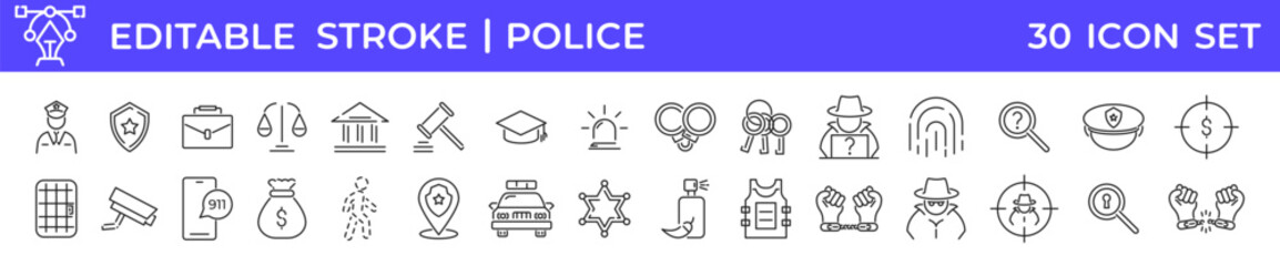 Police icon set. Law and justice line icons collection. Related to police icons. Vector illustration