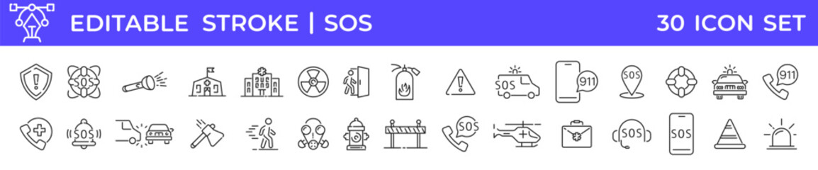 Emergency line icon set. Emergency and accident linear icons collection. Sos. Vector illustration