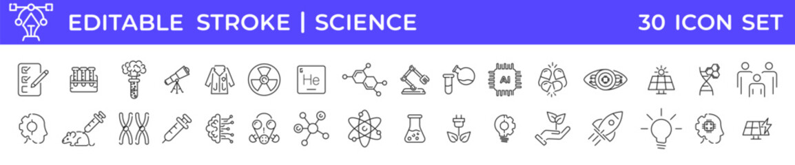 Science icon set. Science and research line icons collection. Science progress line icons. Vector illustration