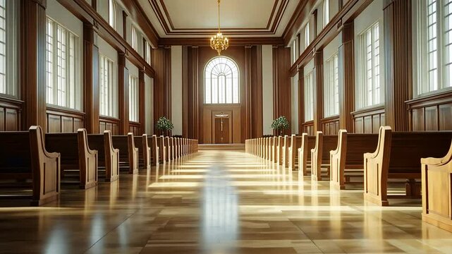 Grand, wooden church interior with rows of pews