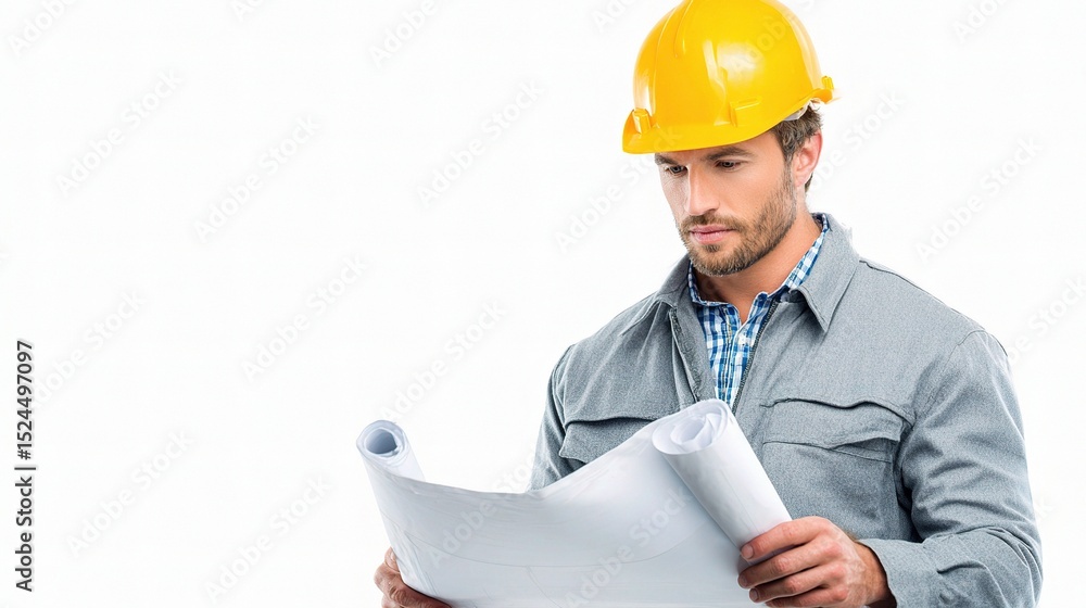 Poster engineer with hardhat reviewing blueprints isolated on white background