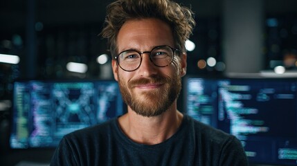 Obraz premium Tech Savvy IT Specialist in Glasses with Confident Smile