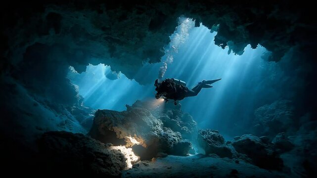Sunbeams pierce a dark underwater cave, illuminating a diver
