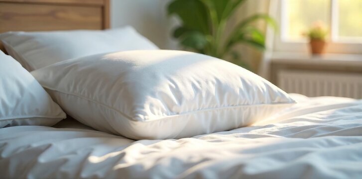 Soft, fluffy pillow resting on a crisp white bedsheet, ready for a peaceful night's sleep Sunlight streams in, highlighting the plush texture , peaceful, serene