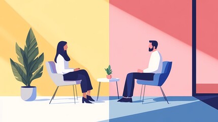 Flat minimalist illustration of a mentor provides guidance to mentee during thoughtful conversation in a modern office setting, mentorship concept