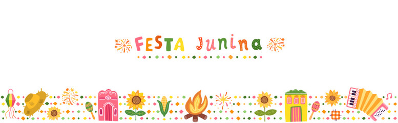 Festa Junina horizontal vector banner - Brazilian festival border, background with text and graphics - sunflower, straw hat, accordion, corn