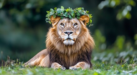 Fototapeta premium Majestic Lion with Flowing Mane Wearing Ivy Wreath Sitting Gracefully in Savanna Grass
