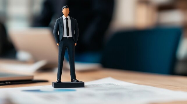 A figurine of a business representation of a limited liability company standing on a desk amid financial documents, background with copy space