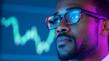 Business professional black man focused on financial charts and graphs data in a modern office environment