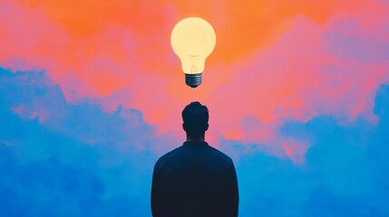 Abstract illustration of a man gazing at vibrant colorful clouds during sunset with a glowing light bulb above him, mentorship concept