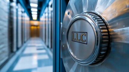 Obraz premium Vault icon featuring LLC at a modern security facility with metal details illuminating the corridor, limited liability corporation concept