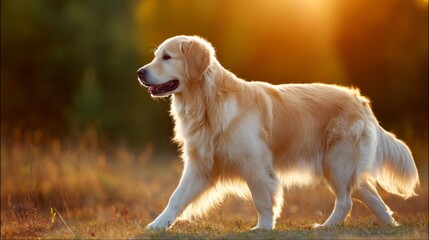 Golden retriever strolling in sunset light, side profile with soft fur, warm glow. Peaceful moment of canine grace.
