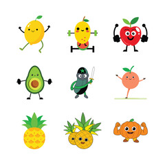 Obraz premium Adorable Fruit & Veggie Fitness Characters Illustrations of Healthy Eating Habits