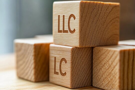 Wooden Blocks spelling LLC stacked on table, limited liability corporation concept