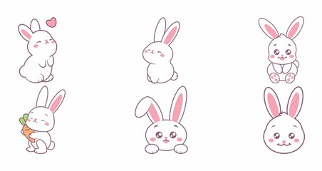 A collection of cute cartoon bunnies in various poses and expressions.