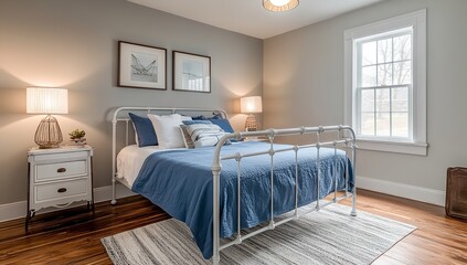 Obraz premium Elegant White Metal Bed Frame with Blue Bedding in Spacious Bedroom with Wooden Floors