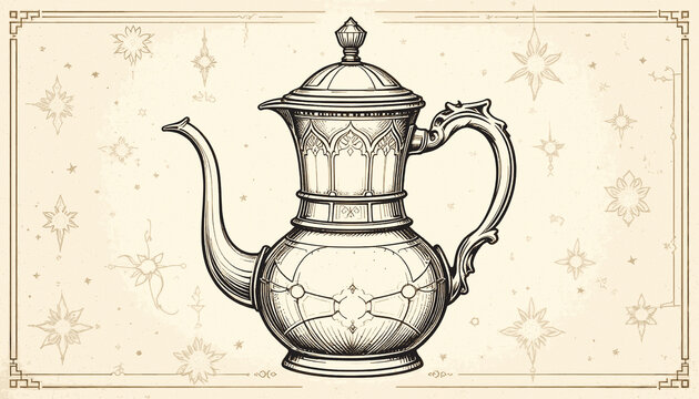 Antique copper jug with motifs in vintage style.