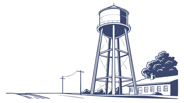 Illustration of a Tall Water Tower and Adjacent Buildings