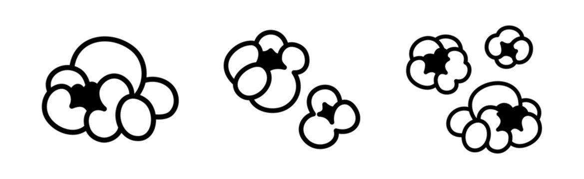 Popcorn kernels vector icon set. Individual pieces of popped corn with editable line weights. For movie night, cinema, concessions, snack packaging. Black and white minimalist outline style.