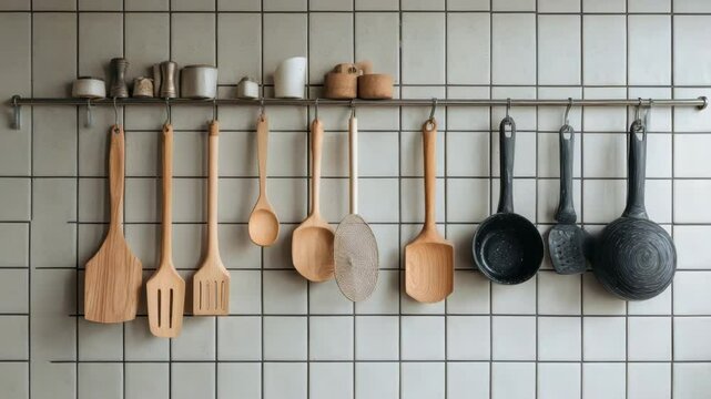 Wooden kitchen utensils hanging on white tiled wall

