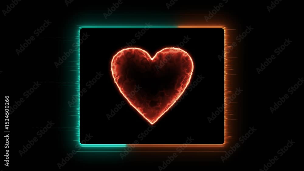 Poster an animation of glitchy cyan and orange square frame with flaming glowing heart with smokey effects