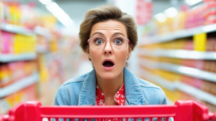 housewife in panic at a supermarket aisle