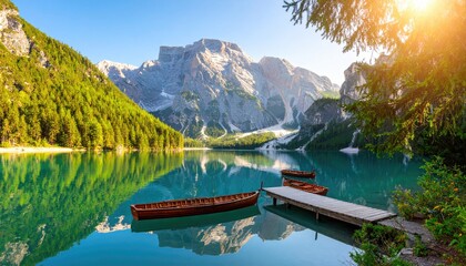 Serene Mountain Lake with Wooden Boats at Dawn