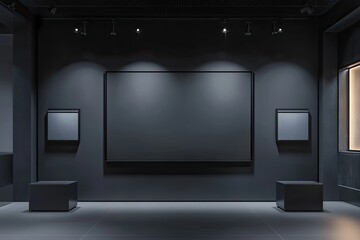 Dark gallery interior with empty frames and pedestals, ready for artwork display