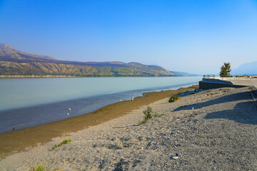 Sand dunes on the shores of Jasper Lake along the Athabasca River in the Jasper National Park before the 2024 wildfire in Alberta, Canada