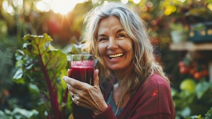 Fototapeta premium Middle-aged woman with beet and juice in garden