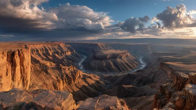 Vast canyon landscape at sunset, dramatic clouds