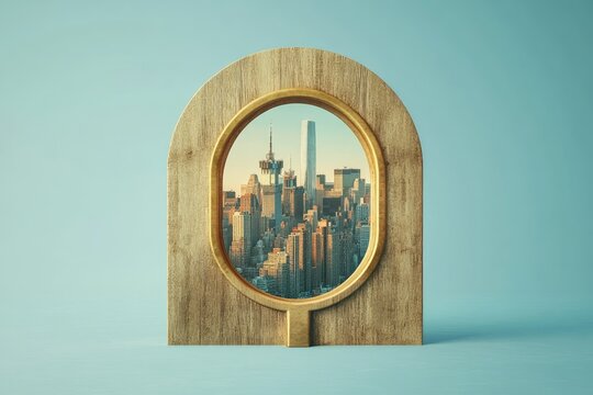 Wooden archway frames a city skyline view through a circular opening - Powered by Adobe