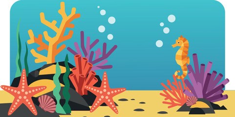 Underwater coral reef with starfish and seahorse marine life vector illustration 