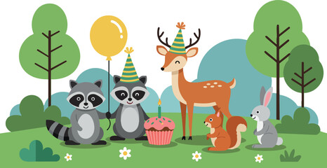 Naklejka premium Cute forest animals birthday party with raccoons deer squirrel and rabbit in green park 