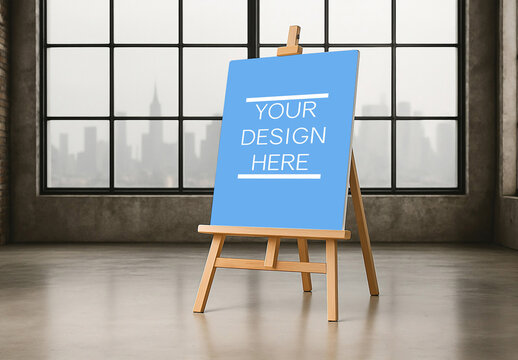 Easel Mockup With Blank Canvas In Modern Loft With City View
