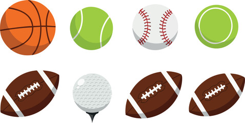 Fototapeta premium Various sports balls collection including basketball, tennis, baseball, football, and golf vector illustration 