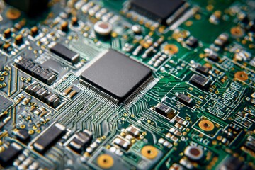Close-up view of a detailed circuit board featuring various components such as microchips, resistors, and circuit pathways, illustrating advanced electronic design
