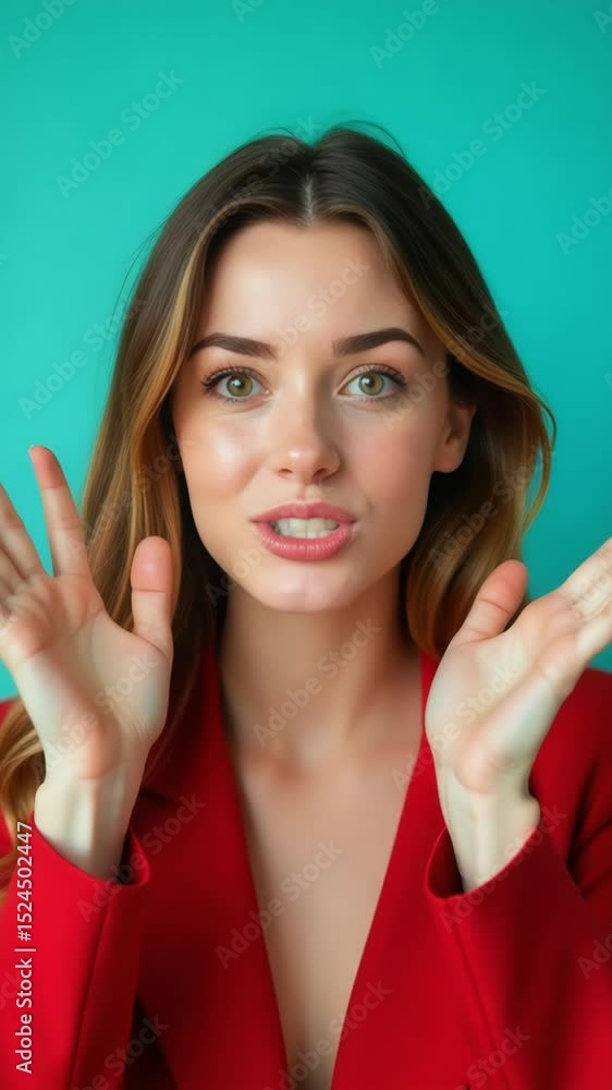 Poster a woman in a red jacket with a comical expression, suitable for use in humorous articles or social m